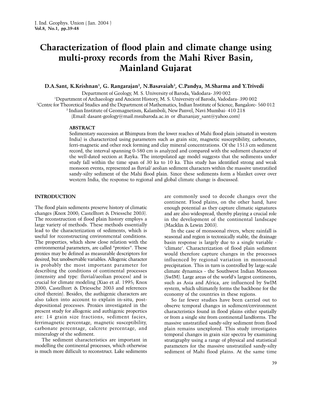 Characterization of Flood Plain and Climate Change Using Multi-Proxy Records from the Mahi River Basin, Mainland Gujarat