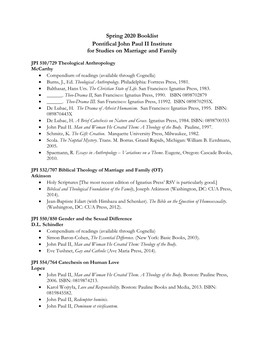 Spring 2020 Booklist Pontifical John Paul II Institute for Studies on Marriage and Family