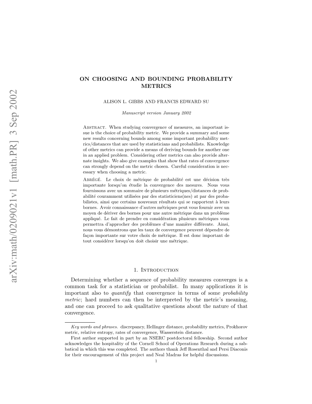 [Math.PR] 3 Sep 2002 Metric N N a Rce Oakqaiaieqetosaottena the About Questions Qualitative Ask to Convergence