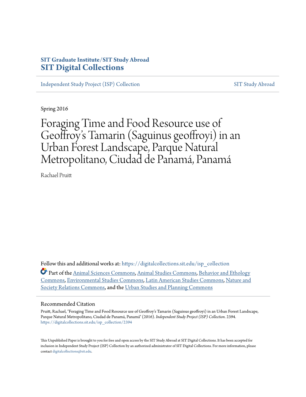 Foraging Time and Food Resource Use of Geoffroyâ•Žs Tamarin