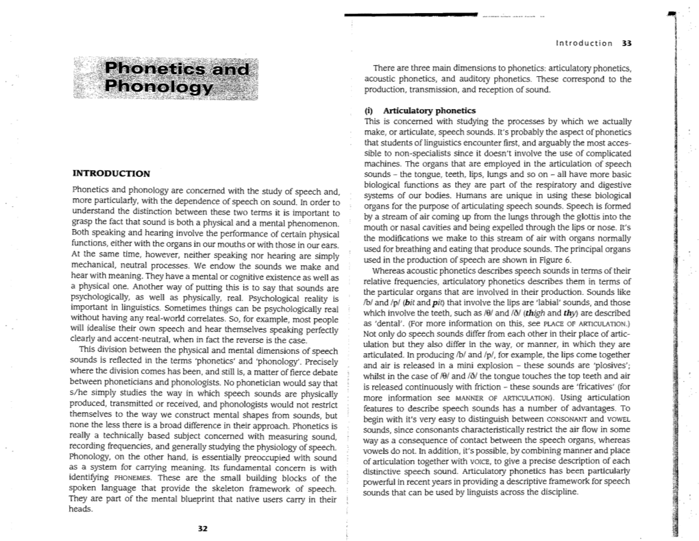 INTRODUCTION Phonetics and Phonology Are Concerned with The