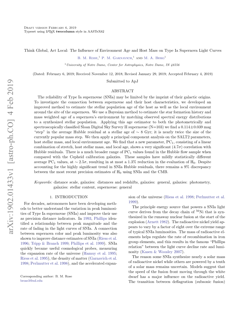 Arxiv:1902.01433V1 [Astro-Ph.CO] 4 Feb 2019 Between Supernova Color and Peak Luminosity Was Also Shown to Improve Distance Estimates of Snia (Riess Et Al