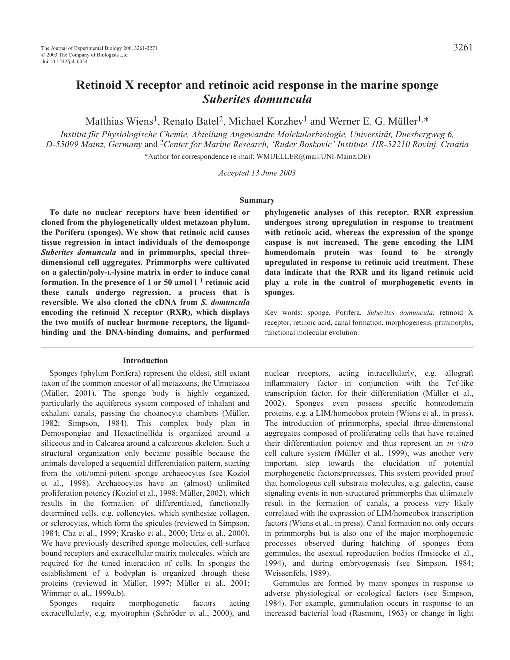 Retinoid X Receptor and Retinoic Acid Response in the Marine Sponge Suberites Domuncula Matthias Wiens1, Renato Batel2, Michael Korzhev1 and Werner E