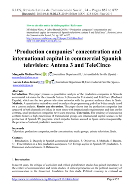 'Production Companies' Concentration and International Capital in Commercial Spanish Television: Antena 3 and Telecinco