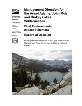 Management Direction for the Ansel Adams, John Muir and Dinkey Lakes Wildernesses