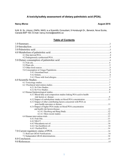 A Toxicity/Safety Assessment of Dietary Palmitoleic Acid (POA). Table Of