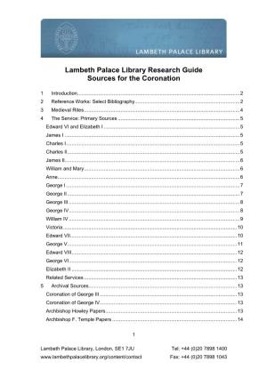 Lambeth Palace Library Research Guide Sources for the Coronation