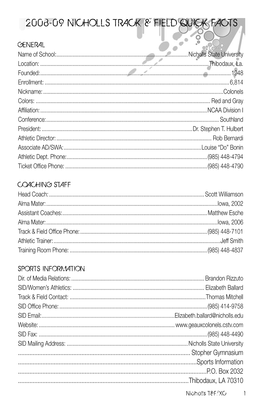 2008-09 Nicholls Track & Field Quick Facts