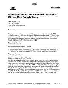 Financial Update for the Year Ended December 31, 2020