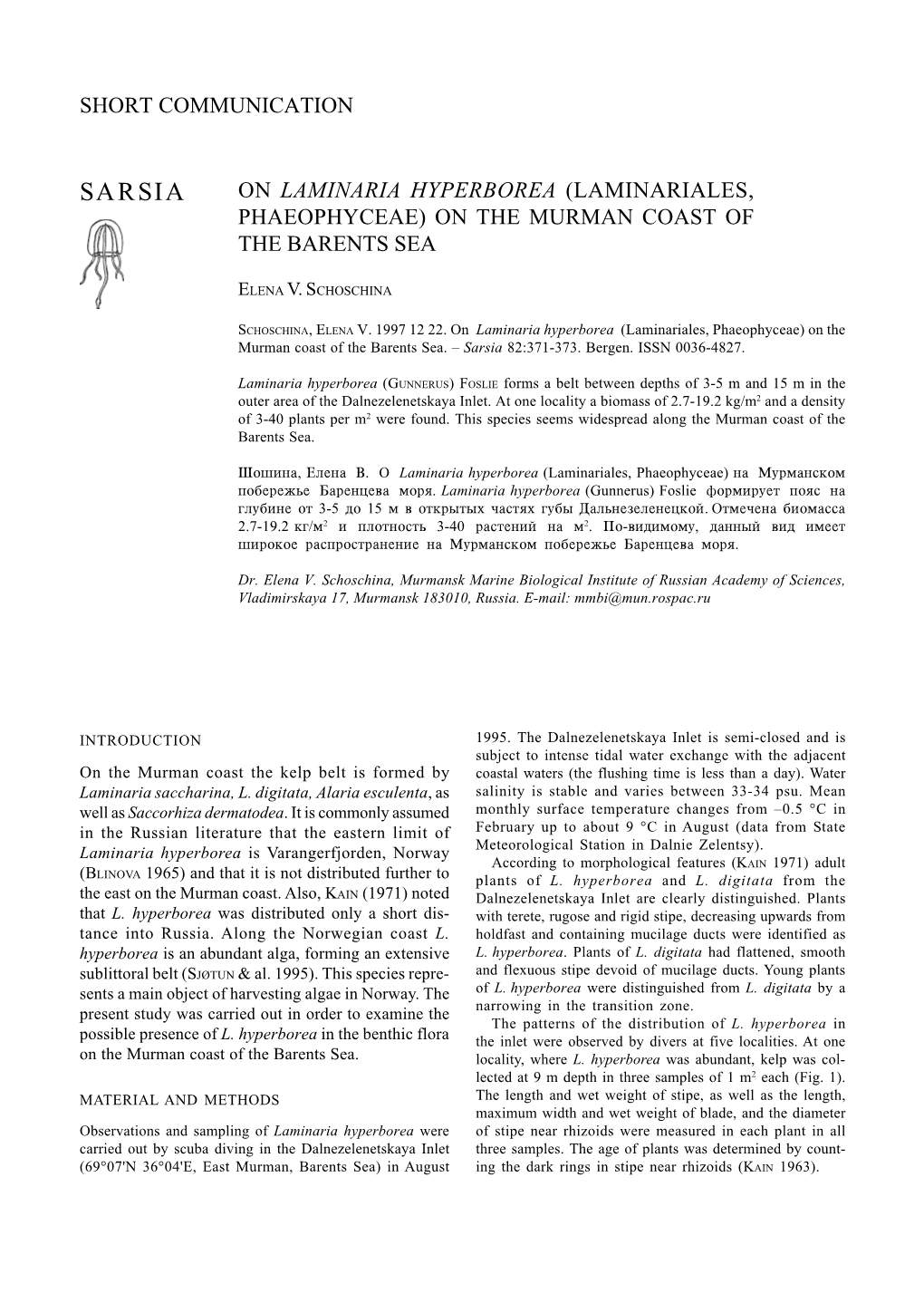 On Laminaria Hyperborea (Laminariales, Phaeophyceae) on the Murman Coast of the Barents Sea