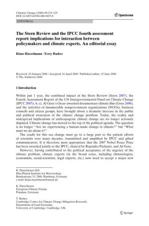 The Stern Review and the IPCC Fourth Assessment Report: Implications for Interaction Between Policymakers and Climate Experts