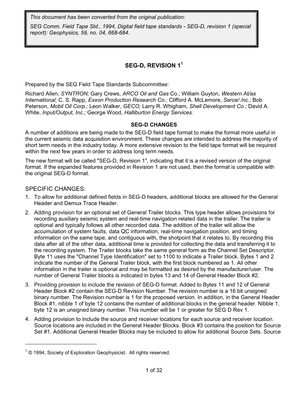 SEG-D, Revision 1 (Special Report): Geophysics, 59, No