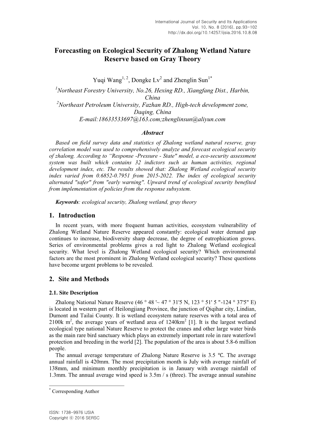 Forecasting on Ecological Security of Zhalong Wetland Nature Reserve Based on Gray Theory