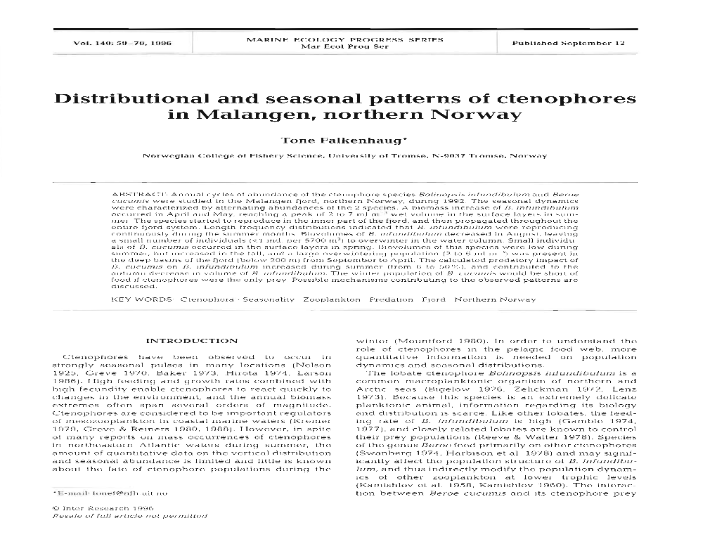 Distributional and Seasonal Patterns of Ctenophores in Malangen, Northern Norway