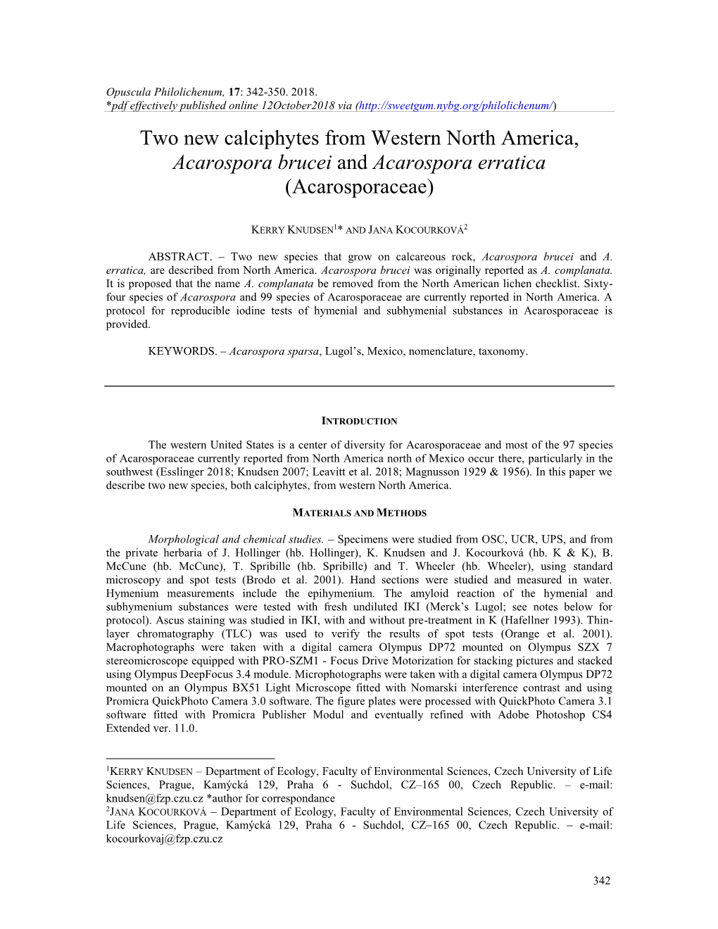 Two New Calciphytes from Western North America, Acarospora Brucei and Acarospora Erratica (Acarosporaceae)