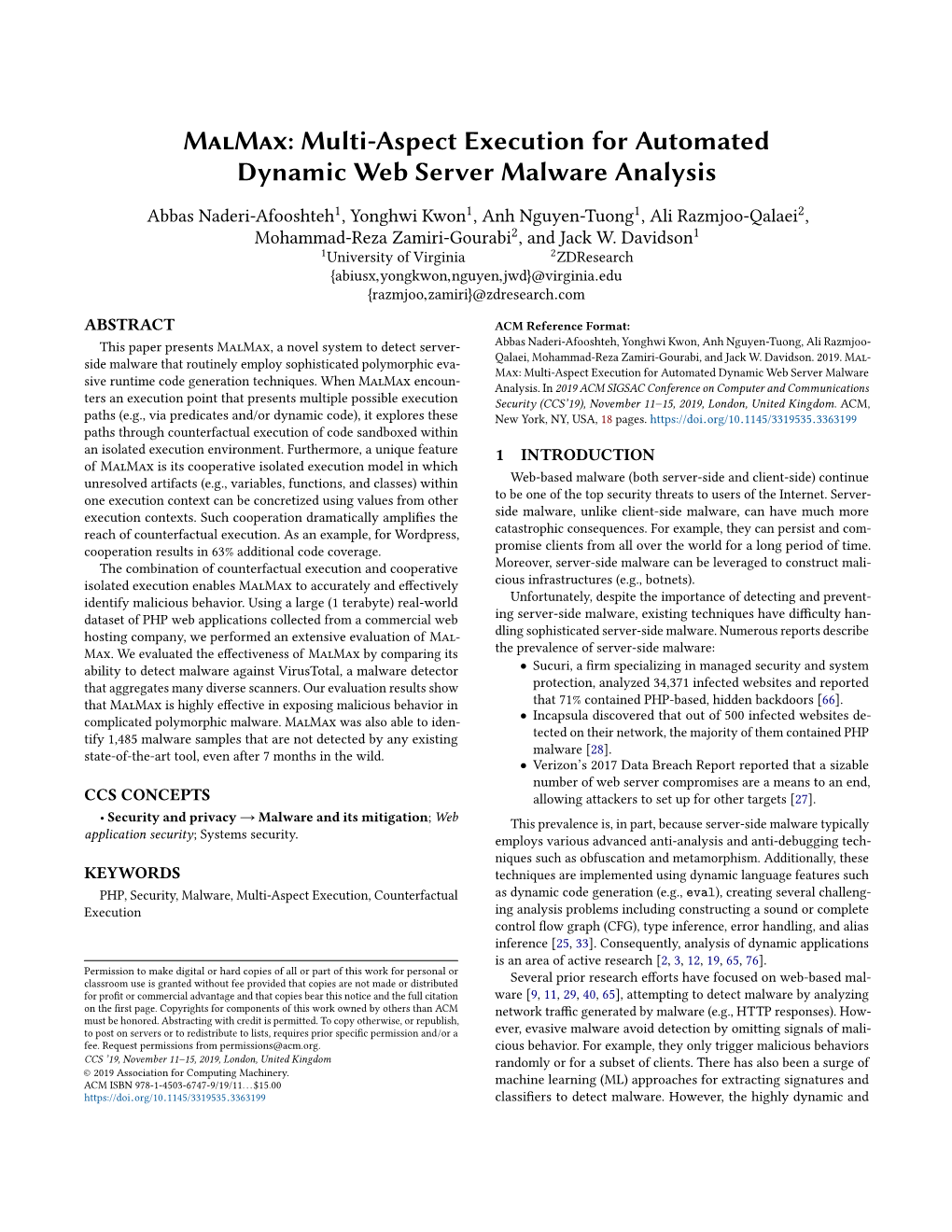 Malmax: Multi-Aspect Execution for Automated Dynamic Web Server Malware Analysis