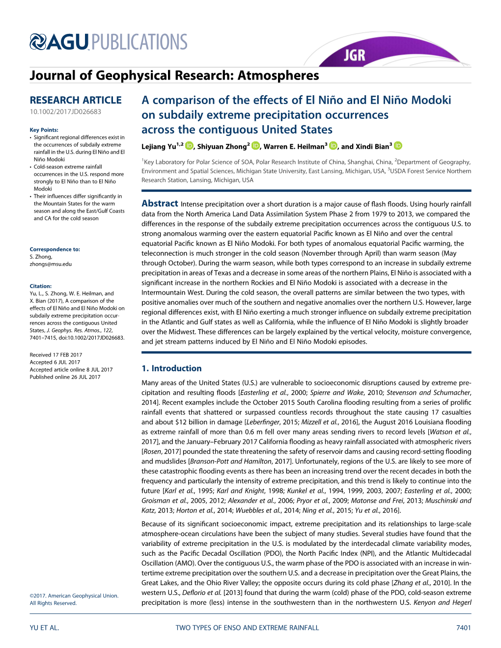 A Comparison of the Effects of El Niño and El Niño Modoki on Subdaily Extreme Precipitation Occurrences Across the Contiguous