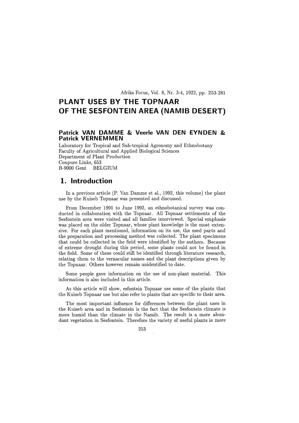 Plant Uses by the Topnaar of the Sesfontein Area (Namib Desert)