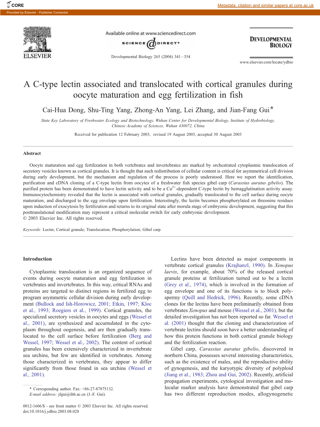 A C-Type Lectin Associated and Translocated with Cortical Granules During Oocyte Maturation and Egg Fertilization in Fish