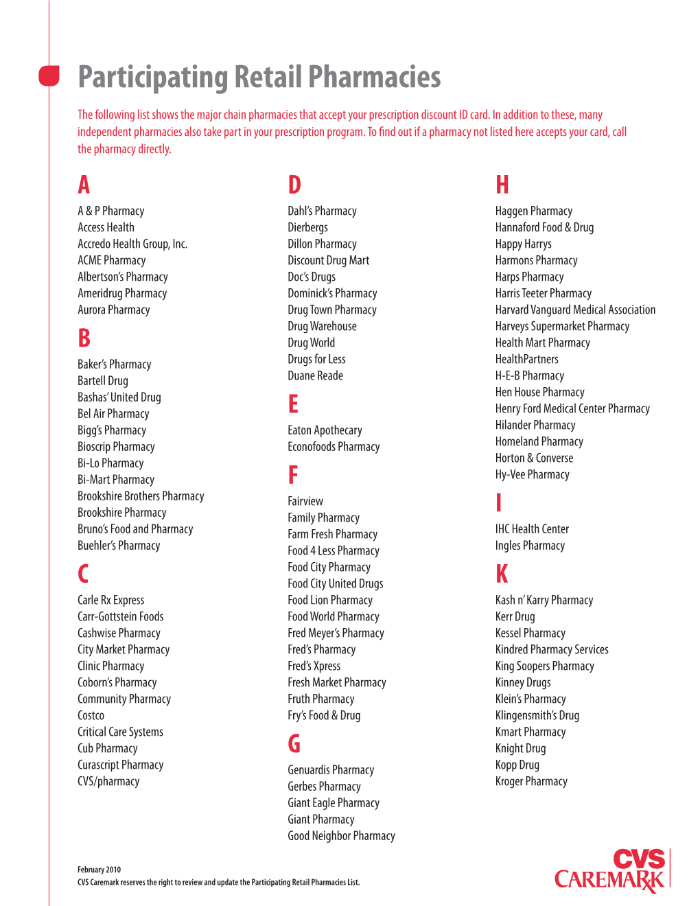 Participating Retail Pharmacies the Following List Shows the Major Chain Pharmacies That Accept Your Prescription Discount ID Card