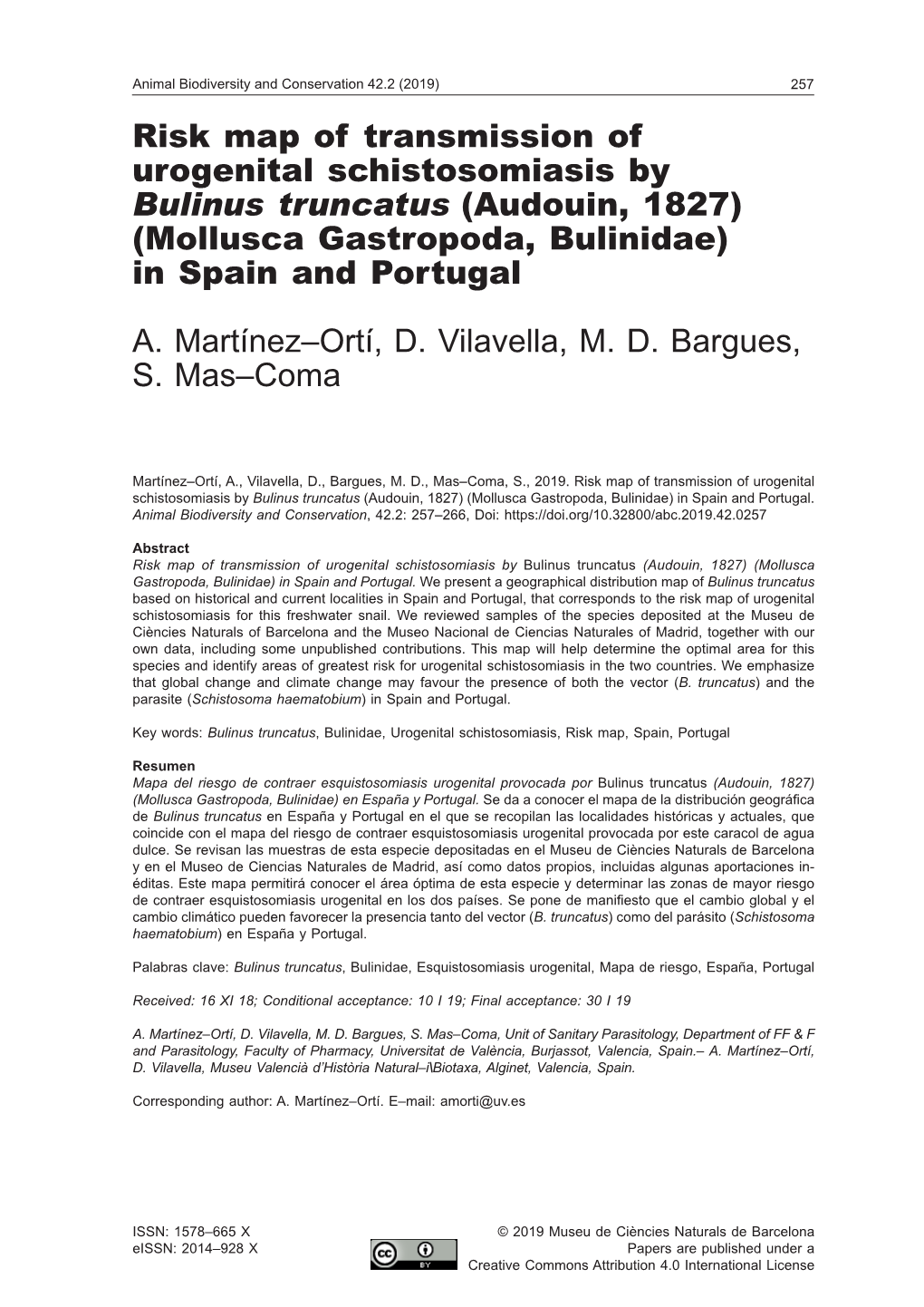 Risk Map of Transmission of Urogenital Schistosomiasis by Bulinus Truncatus (Audouin, 1827) (Mollusca Gastropoda, Bulinidae) in Spain and Portugal