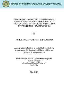 Media Coverage of the 1998-1999 Anwar Ibrahim Event in Malaysia: a Study of the Coverage of the Story in Selected International Newsmagazines
