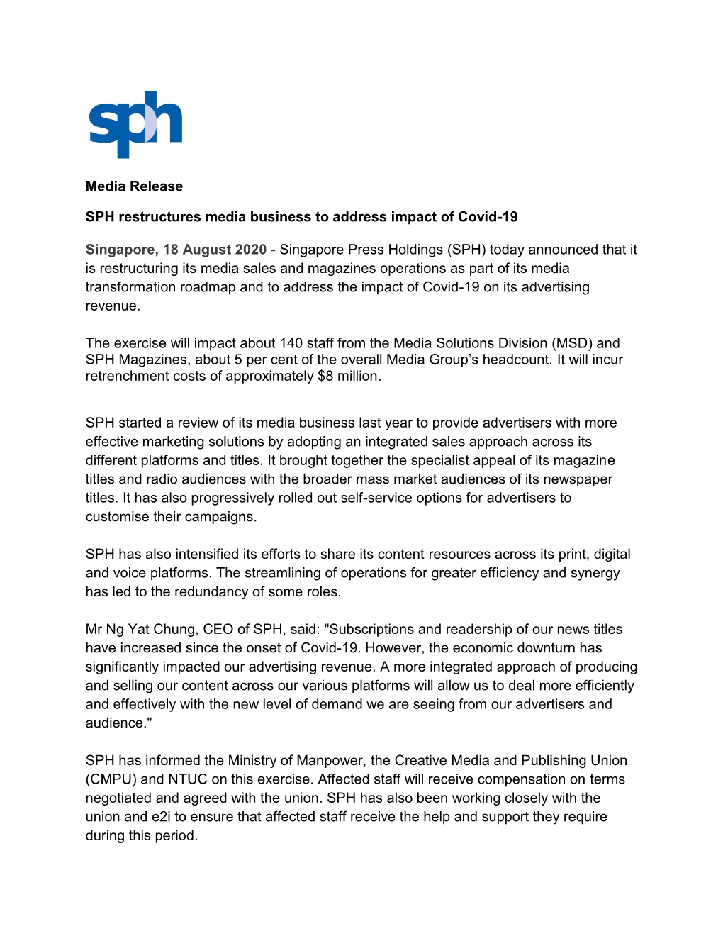 Media Release SPH Restructures Media Business to Address Impact