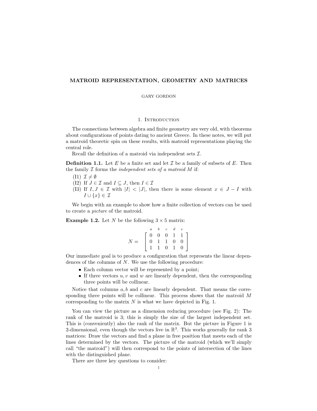 Matroid Representation, Geometry and Matrices 1