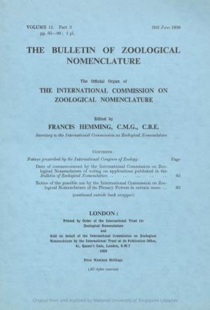The Bulletin of Zoological Nomenclature. Vol 12, Part 3