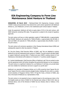 SIA Engineering Company to Form Line Maintenance Joint Venture in Thailand