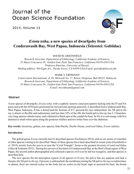 Eviota Tetha, a New Species of Dwarfgoby from Cenderawasih Bay, West Papua, Indonesia (Teleostei: Gobiidae)