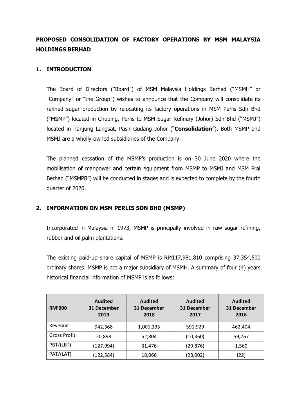 Proposed Consolidation of Factory Operations by Msm Malaysia Holdings Berhad