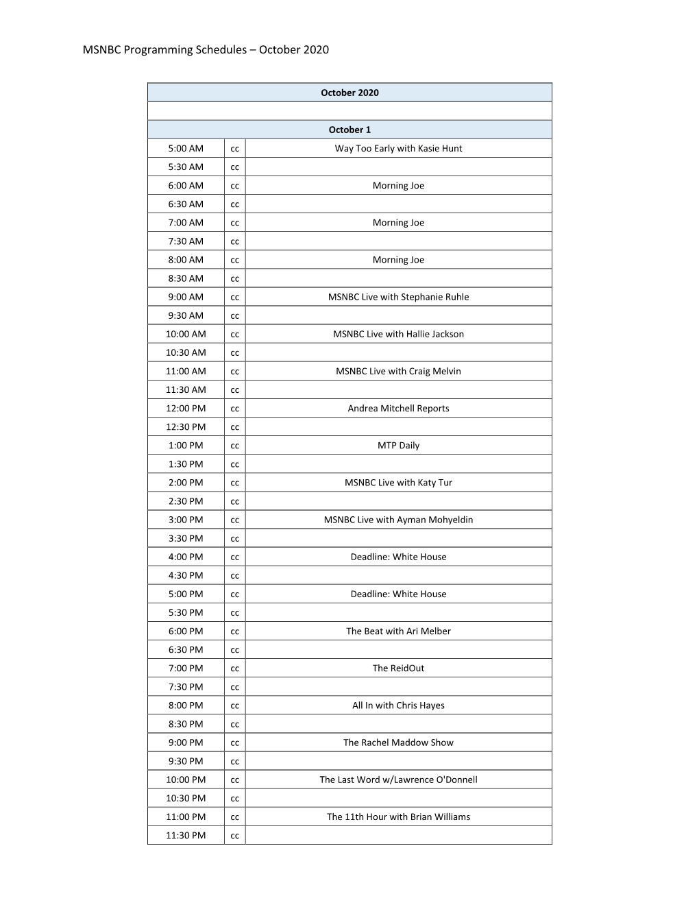 MSNBC Programming Schedules – October 2020