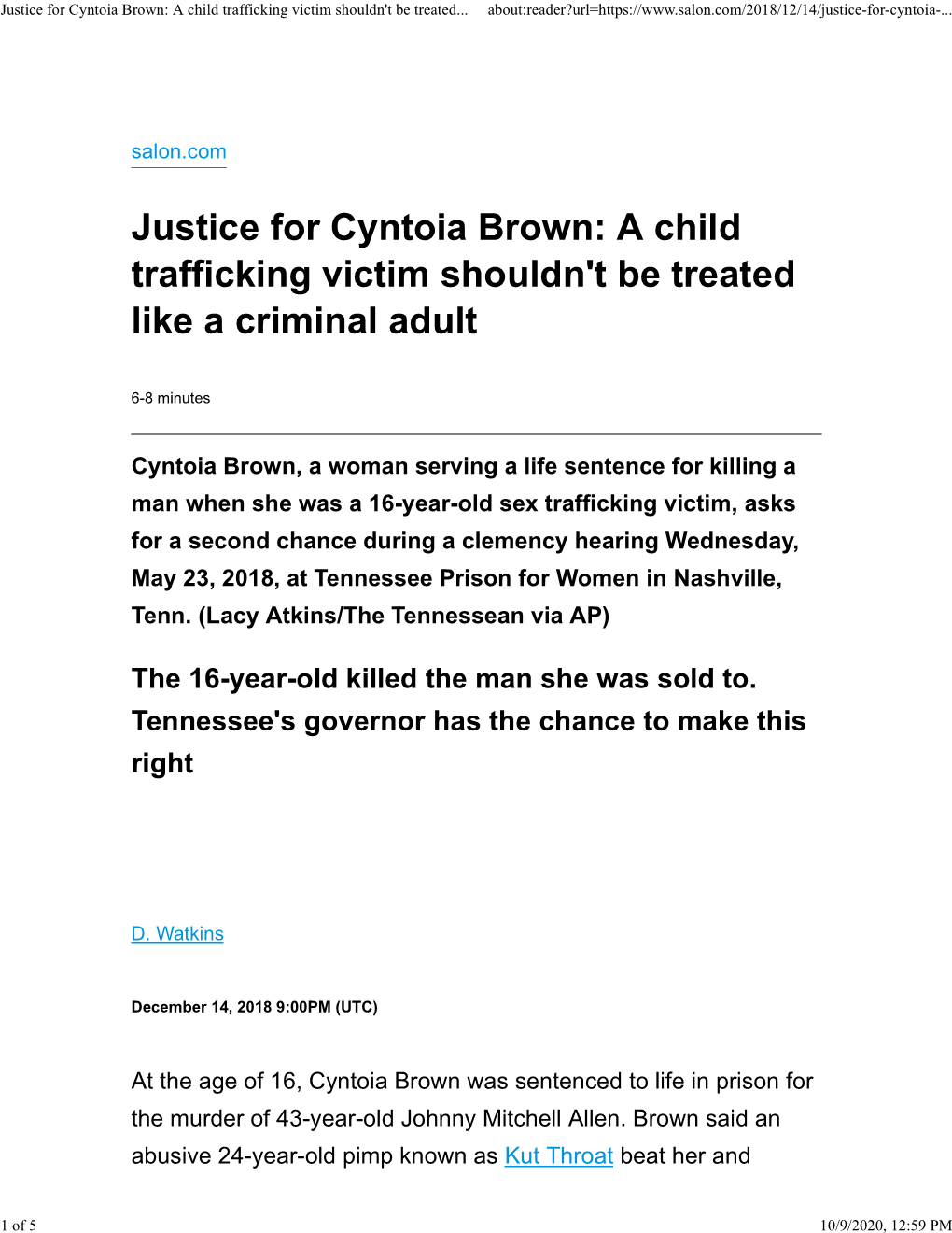 Justice for Cyntoia Brown: a Child Trafficking Victim Shouldn't Be Treated