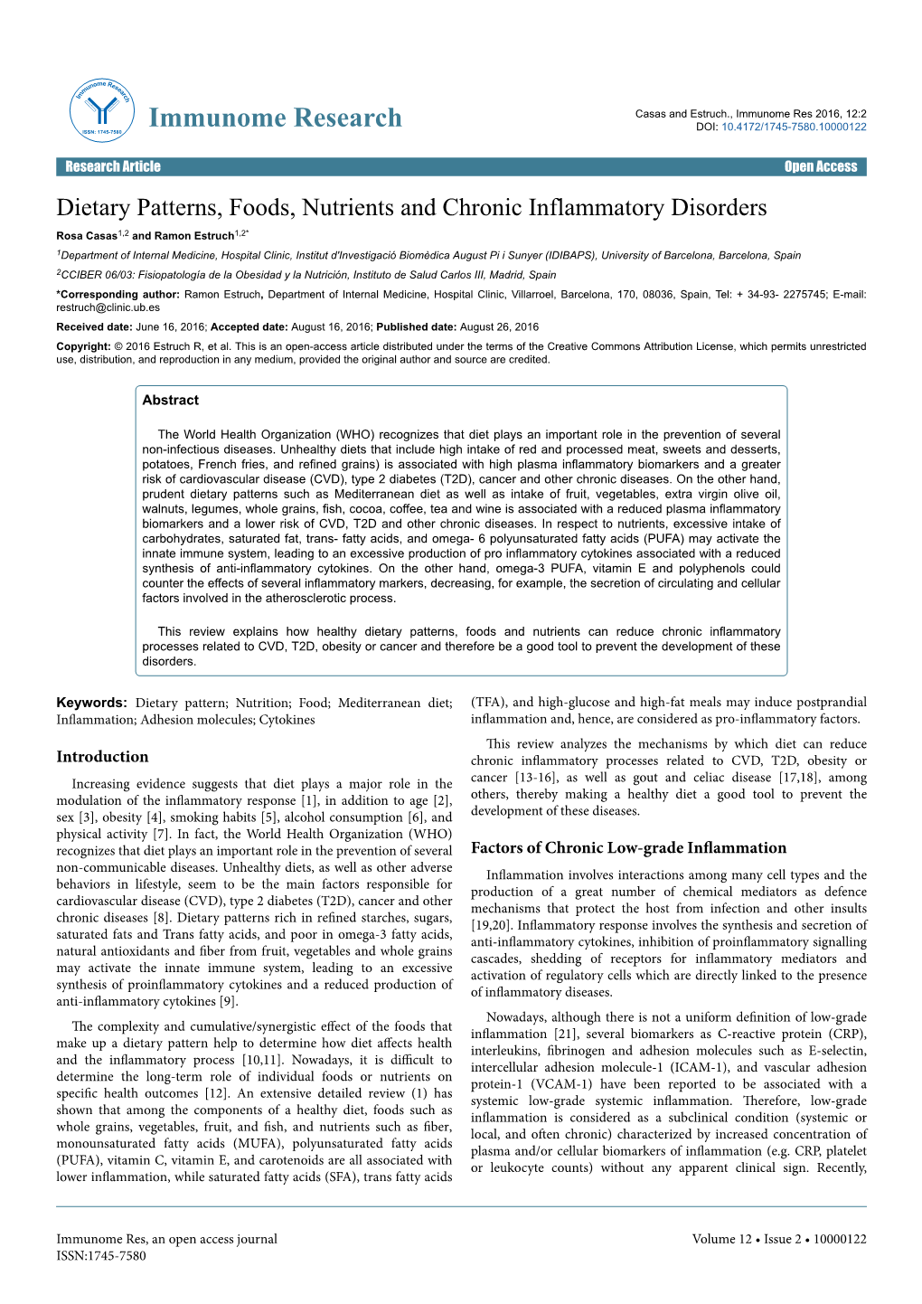 Dietary Patterns, Foods, Nutrients and Chronic Inflammatory Disorders