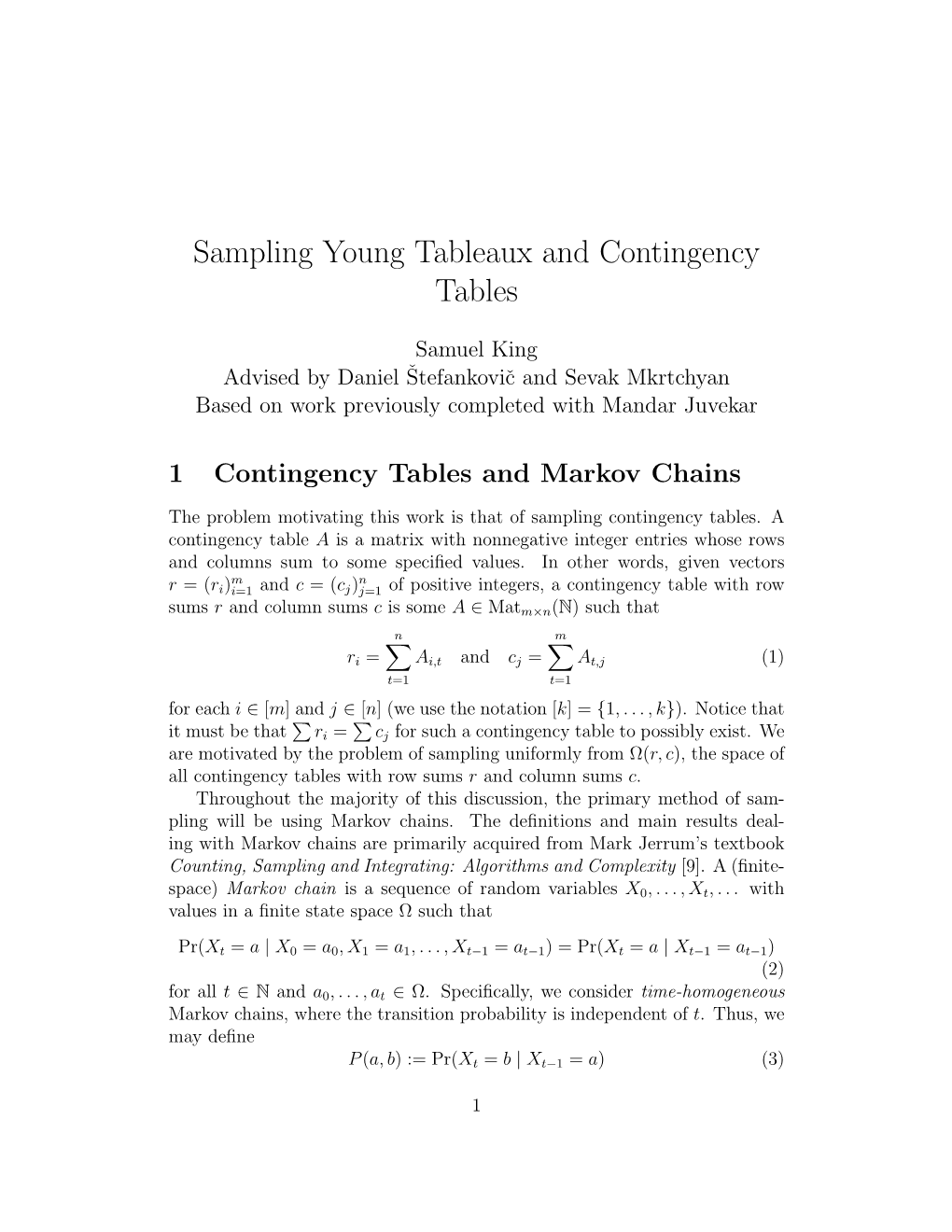 Sampling Young Tableaux and Contingency Tables