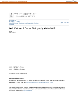 Walt Whitman: a Current Bibliography, Winter 2015