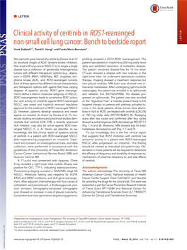 Clinical Activity of Ceritinib in ROS1-Rearranged Non-Small Cell Lung Cancer: Bench to Bedside Report LETTER Vivek Subbiaha,1, David S