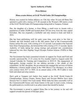 Sports Authority of India Press Release Hima Creates History At