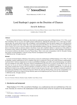 Lord Stanhope's Papers on the Doctrine of Chances