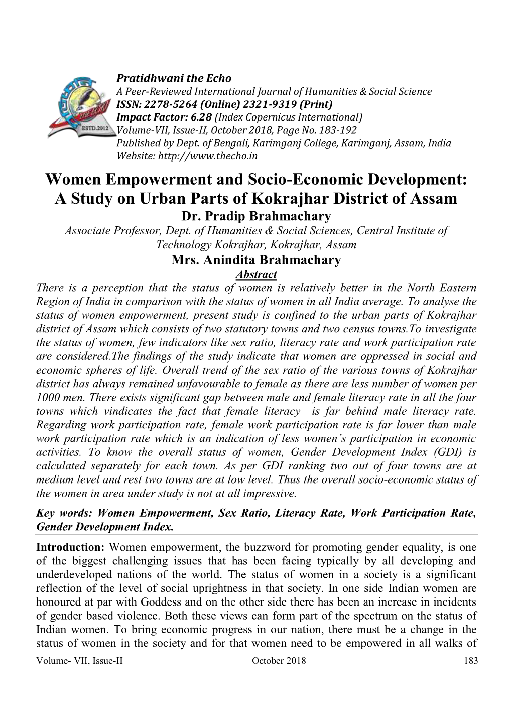 A Study on Urban Parts of Kokrajhar District of Assam Dr