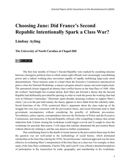 Choosing June: Did France's Second Republic Intentionally Spark a Class War?