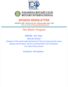 SPOKES NEWSLETTER DISTRICT 5300 * Rotary Club 794 * February 28Th, 2020 * #617 Stay Up-To-Date At
