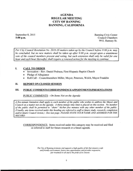 Agenda Regular Meeting City of Banning Banning, California