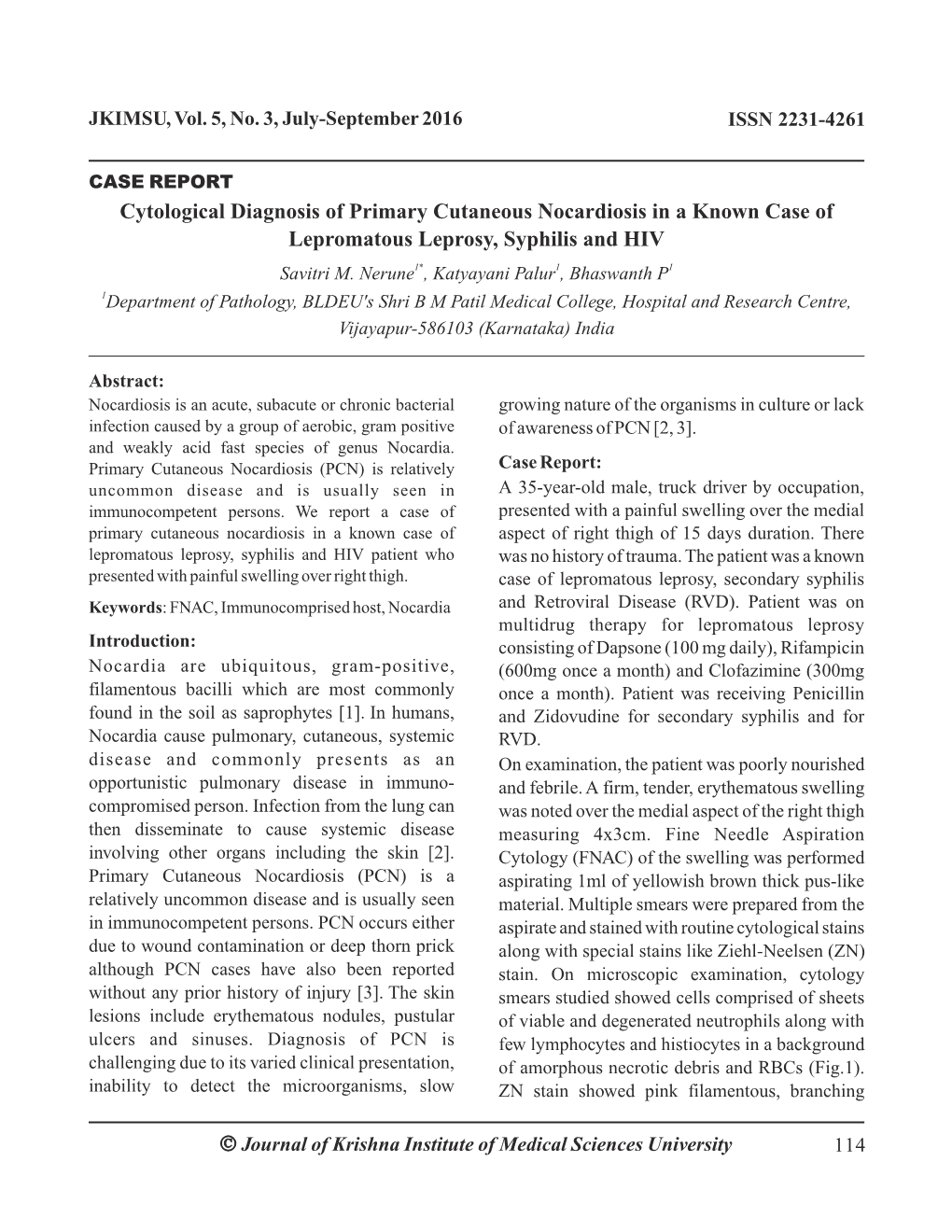 Ó Cytological Diagnosis of Primary Cutaneous Nocardiosis in a Known