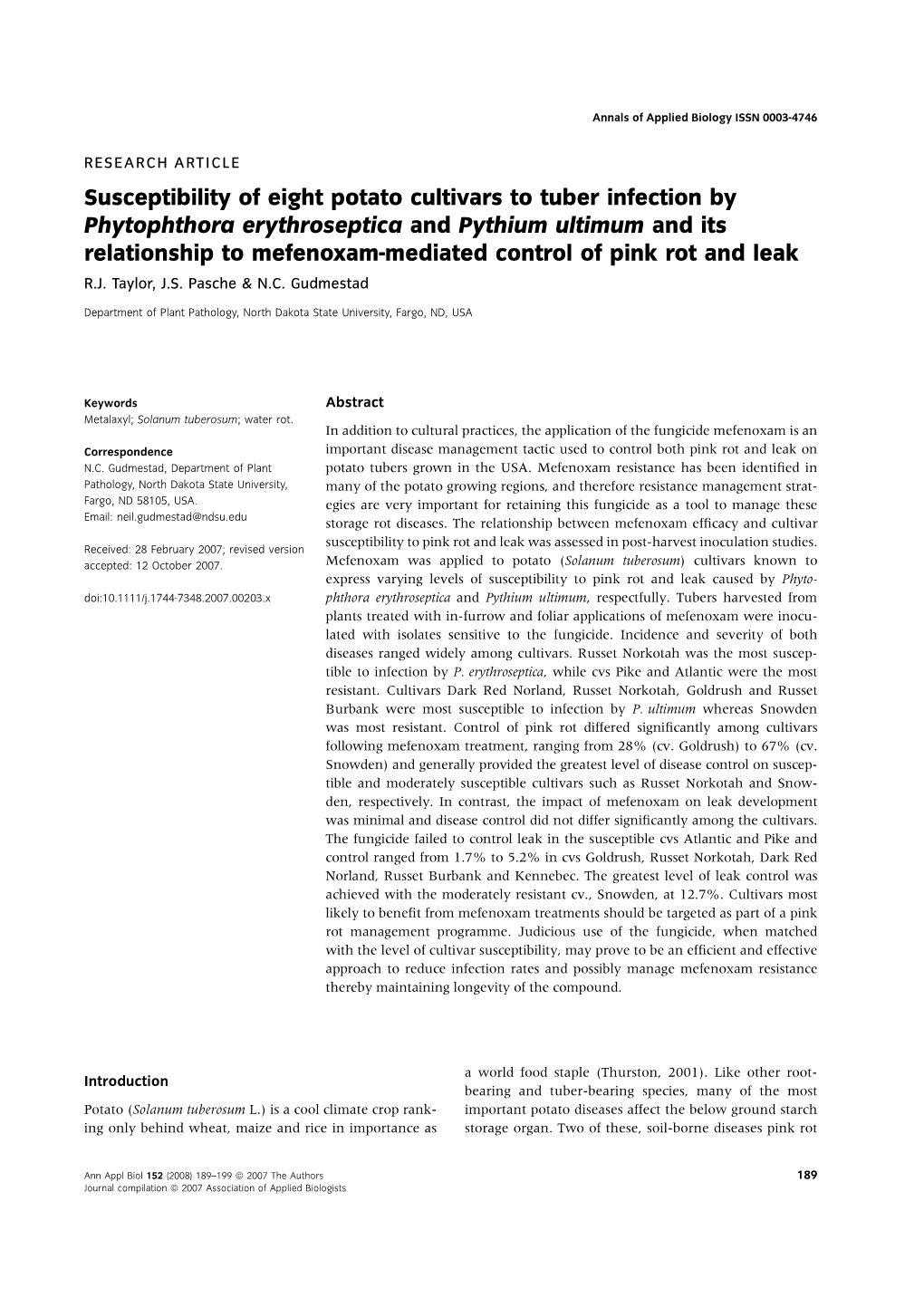Susceptibility of Eight Potato Cultivars to Tuber Infection by Phytophthora Erythroseptica and Pythium Ultimum and Its Relations