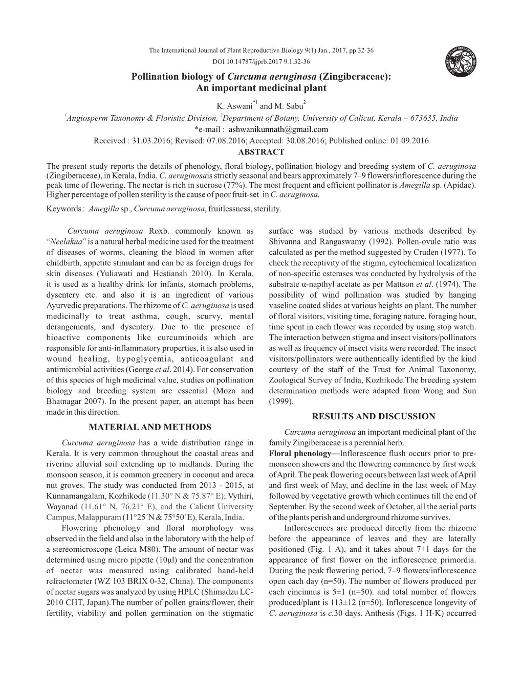 Pollination Biology of Curcuma Aeruginosa (Zingiberaceae): T an Important Medicinal Plant