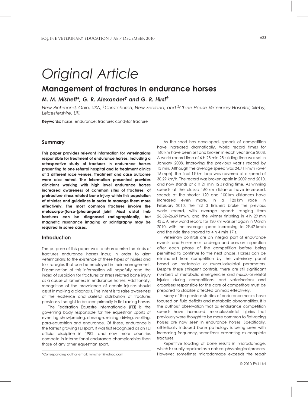 Original Article Management of Fractures in Endurance Horses M