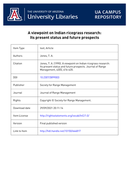 A Viewpoint on Indian Ricegrass Research: Its Present Status and Future Prospects