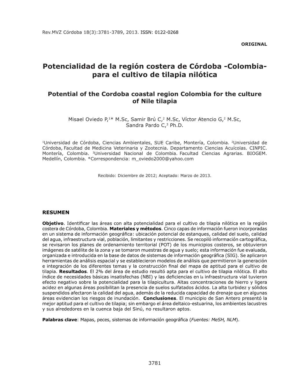 Potencialidad De La Región Costera De Córdoba -Colombia- Para El Cultivo De Tilapia Nilótica